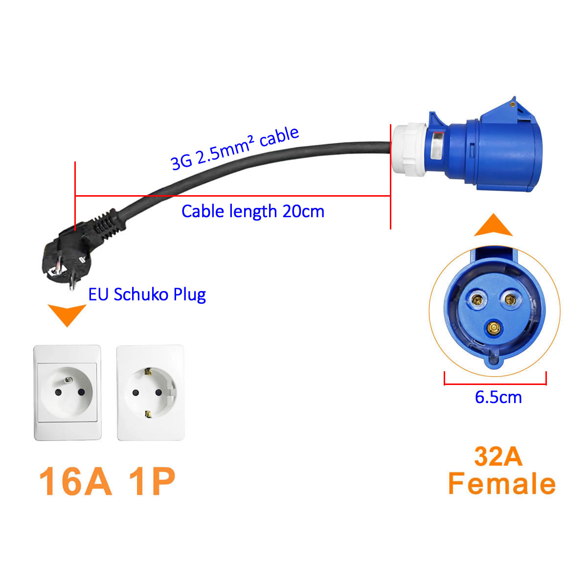 32A ブルー CEE ソケットに 16A EU Schuko プラグアダプタ 7KW に 3.5KW 電気自動車充電アダプタ EV 充電器ポータブル