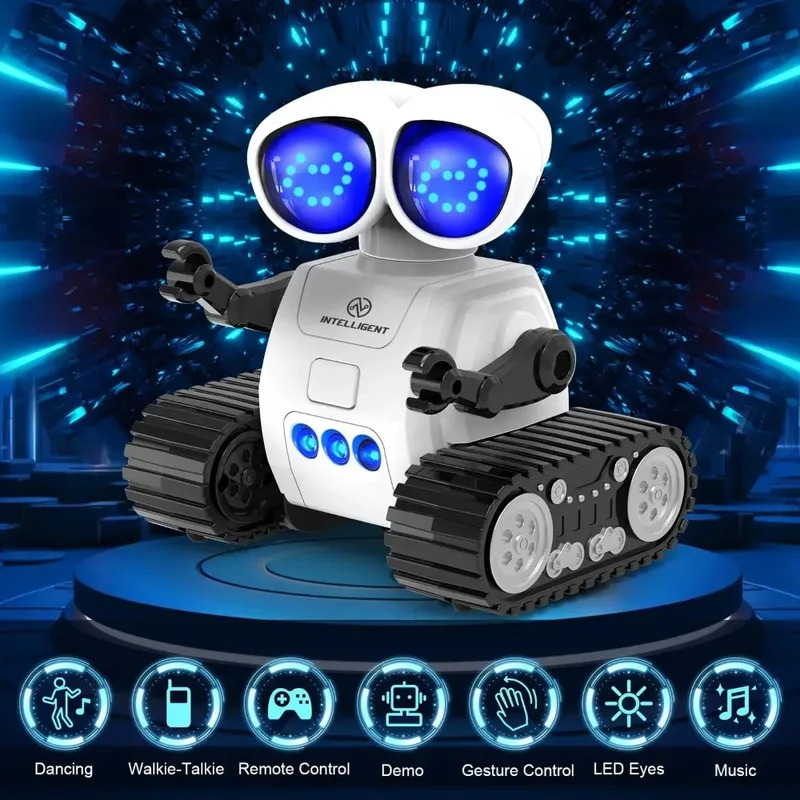 2026New 音楽付き充電式リモコンロボットおもちゃ、LED 目、トランシーバー、子供用ロボットおもちゃ、子供用 RC ロボット