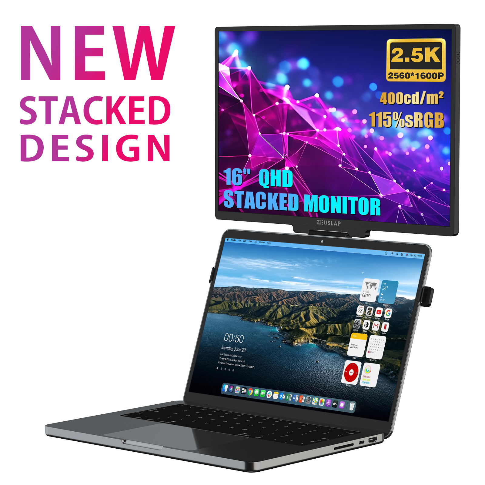 ZEUSLAP 16 "フロータブルスタックポータブルモニター QHD 2560*1600P 400Nits 16:10 IPS パネルラップトップノートブックセカンドスクリーンディスプレイ