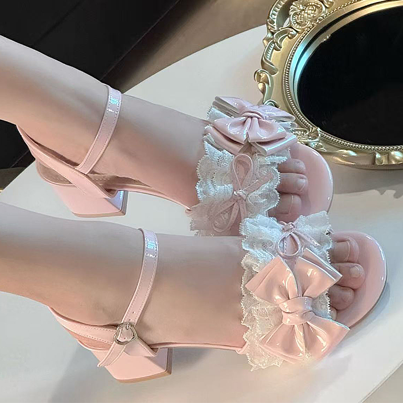 2026 甘いピンクの女性のサマーサンダルレースエレガントな弓ロリータかわいいハイヒールサンダル屋外快適な Tacones デ Mujer