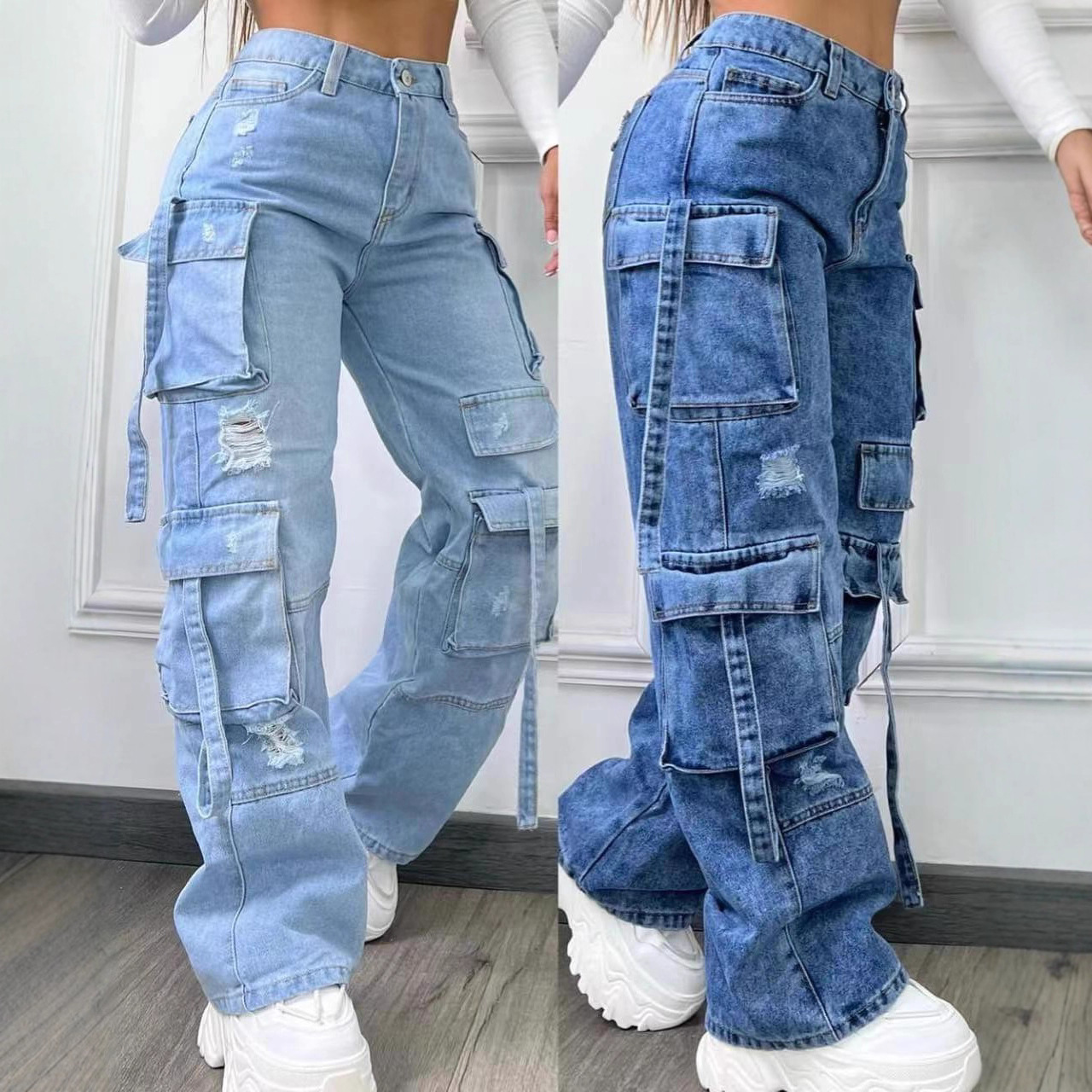 ONE TO WAN 女性デニムパンツファッショナブルな無地多用途マルチポケットカジュアルパンツレディース大きいサイズハイウエストデニム