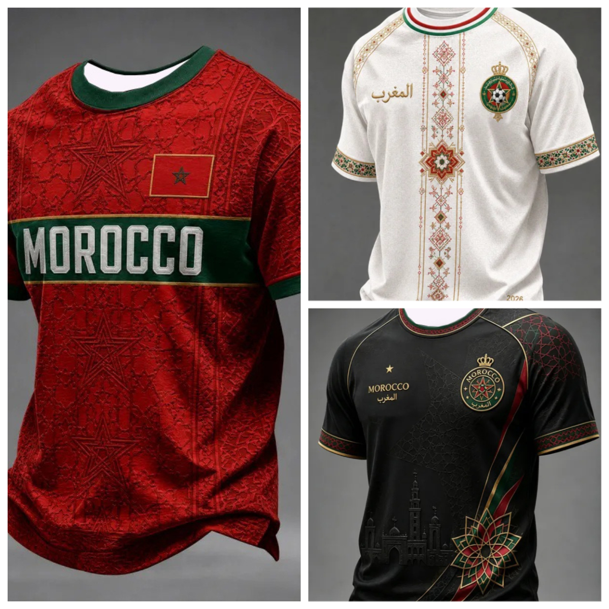 2026 新モロッコテーマ家族マッチング Tシャツ夏モロッコサッカー Tシャツクラシック半袖通気性 Tシャツ