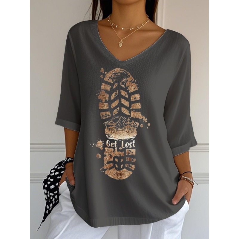 ilstile 女性のフットプリント Tシャツ夏 3/4 袖カジュアルルーズ Tシャツ V ネックトップス Tシャツホワイトグレー新到着