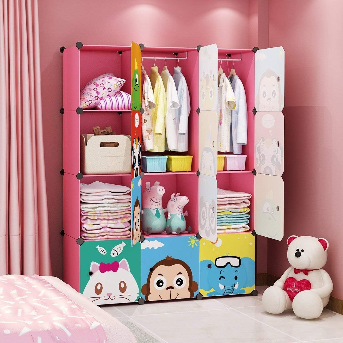 子供ワードローブ子供ドレッサーかわいい赤ちゃんポータブルクローゼット寝室の戸棚洋服吊り下げ収納ラックキューブオーガナイザー、(ピンク、8カブ)