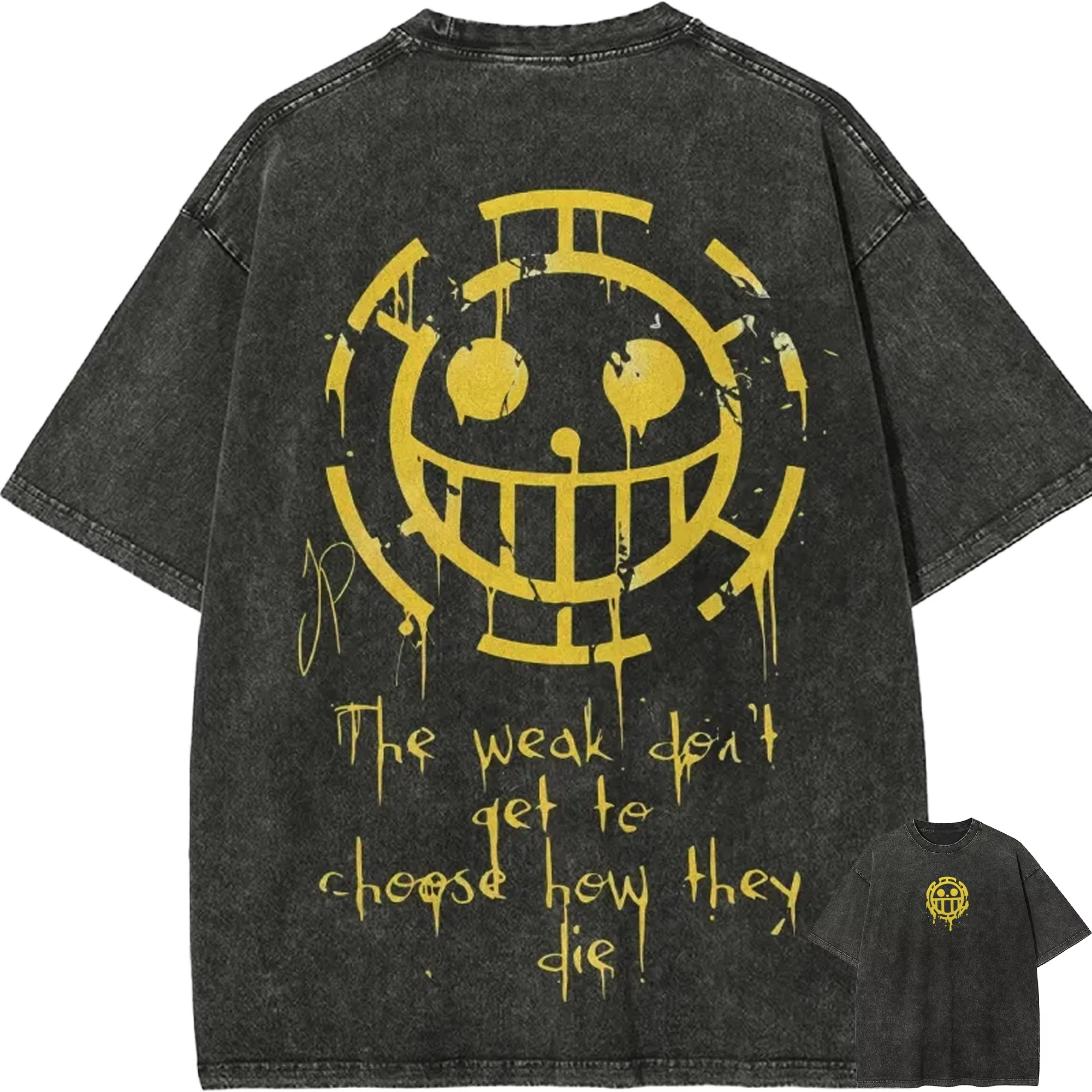 トラファルガー・ロー Tシャツワンピースハートパイレーツヴィンテージアシッドウォッシュストリートレトロアニメグラフィックコットン Tシャツ