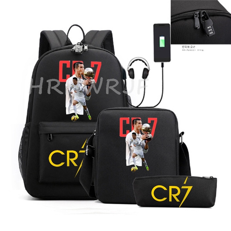 スポーツカジュアル CR7 バックパック 3 個シンプルな軽量容量ティーンラップトップスクールバッグ女性男性旅行 USB アンチロック Mochilas