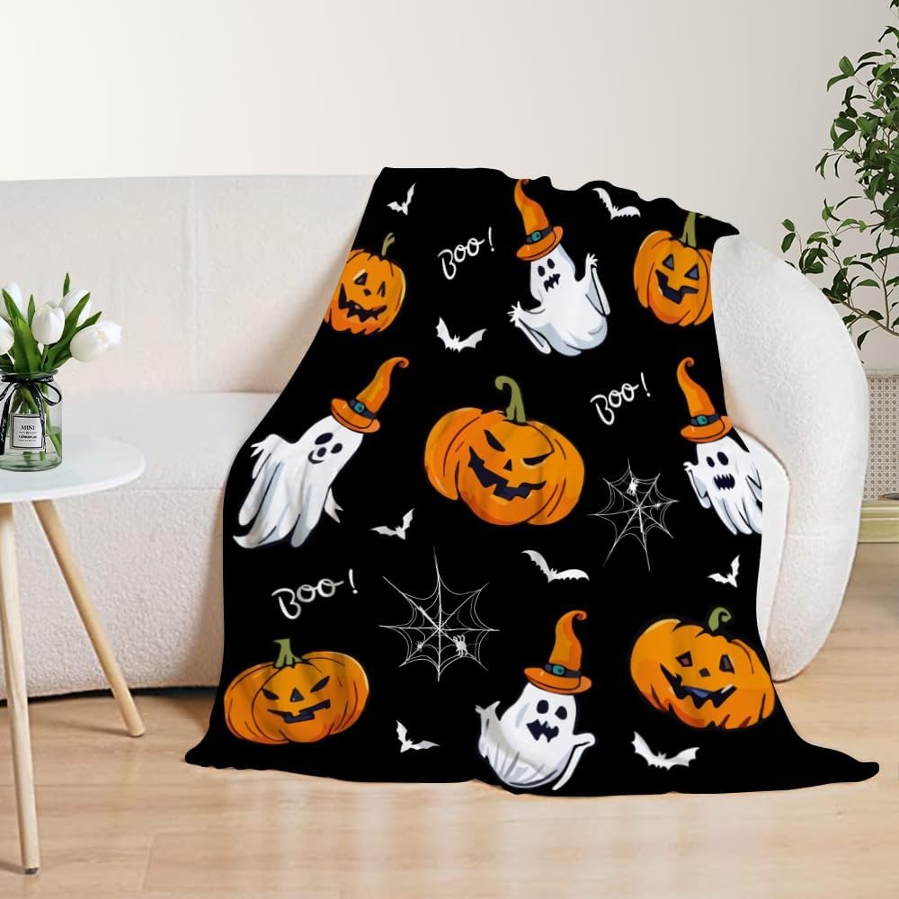 1PC Halloween Throw Blanket Pumpkin Skull Bats Witch Black cats Thin Blanket Gifts for Couch Bed Car Home Camping all season use