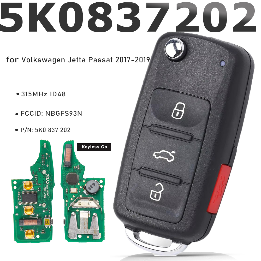 KEYECU 5K0837202BP 315MHz ID48 キーレスゴースマートリモートキーフォブ フォルクスワーゲンジェッタパサート 2017 2018 2019 NBGFS93N 5K0 837 202BP用