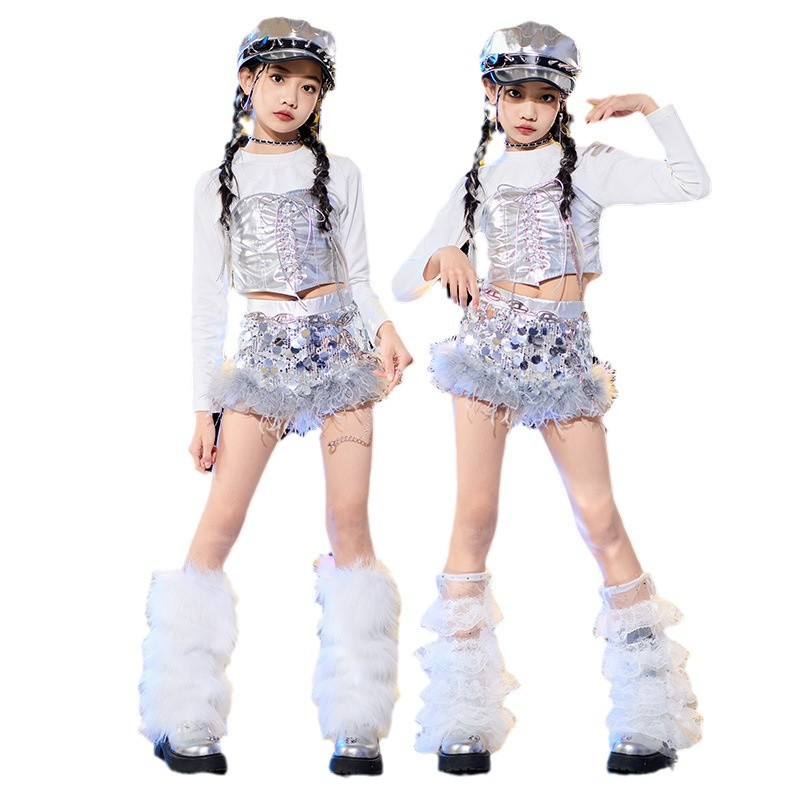 子供ジャズステージ衣装ホワイトトップスシルバースパンコールショーツガールズグループダンスパフォーマンス歌手音楽祭の服