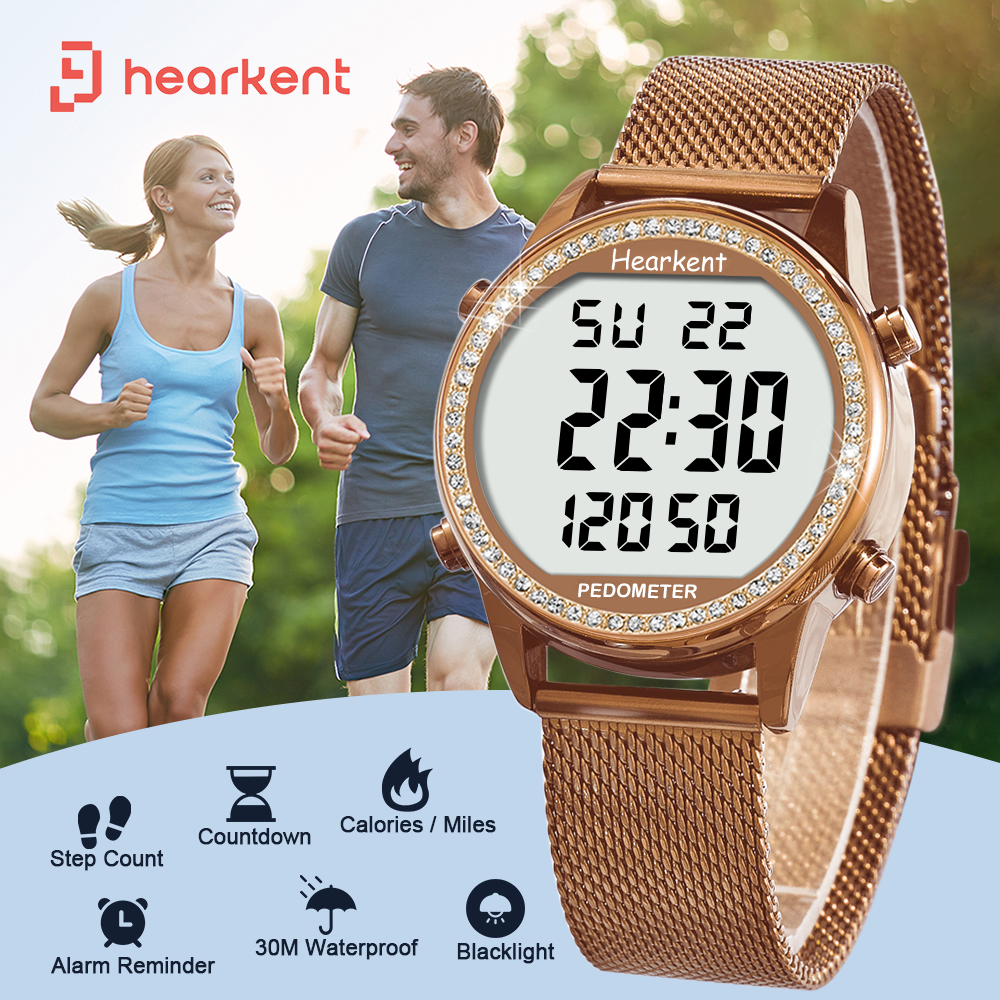 Hearkent 女性のデジタル時計スポーツ歩数計ファッションクリスタルダイヤルレディース腕時計ステンレス鋼防水 30 メートル腕時計