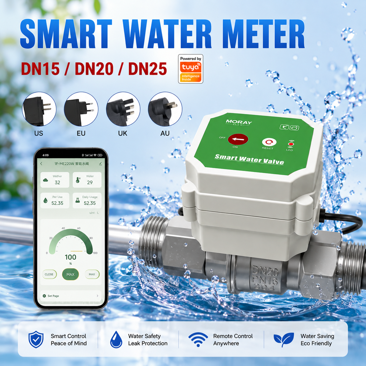 M220XXXFW Tuya スマート水バルブ流量計 DN20 温度監視タイマー灌漑コントローラ IP67