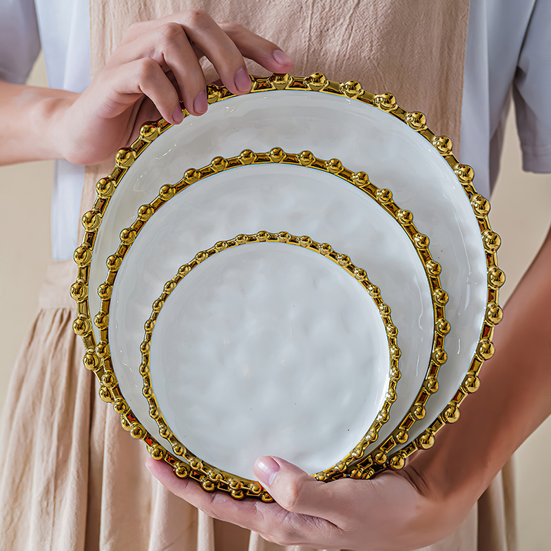 Ceramic Western Dinner Plate Phnom Penh Creative Green Relief Sculpture Steak Dessert Dish Meal Snack Fruit Salad Flat Plate