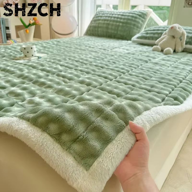 Winter Warm Plush Mattress Toppers Super Soft Single Double Foldable Milk Velvet Thicken Fitted Bed Sheet Bed Cover Tatami Mat