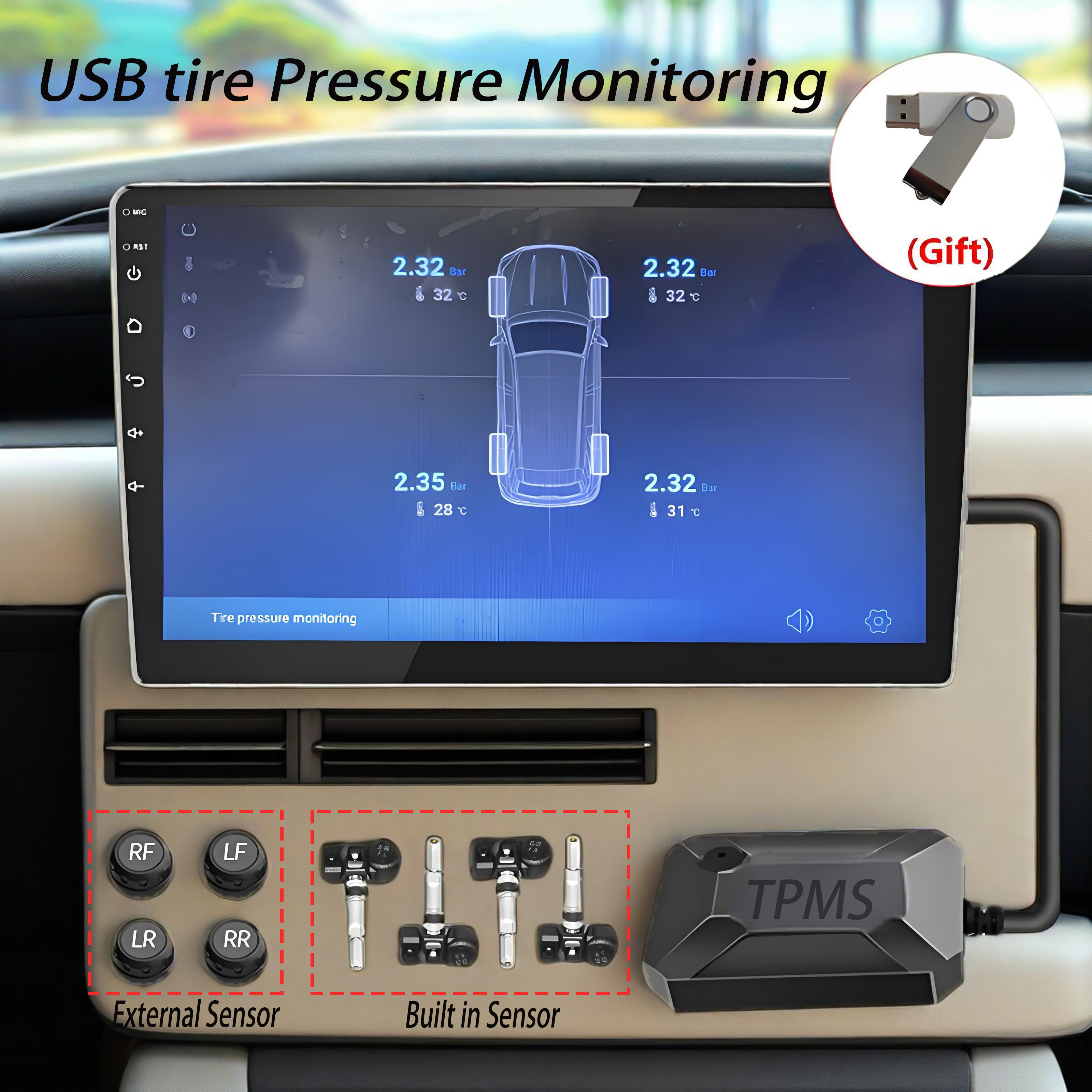 スマート Android ナビゲーション専用車載 USB タイヤ空気圧監視システム TPMS タイヤ空気圧と温度検出