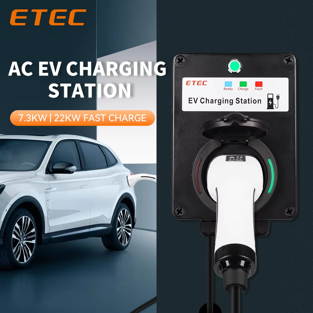 ETEC ホーム EV 充電ステーション ウォールボックス ソケット付き電気自動車タイプ 2 プラグ 22kW 32A 3 相 Modbus RTU 液晶 RFID カード AC 220V 230V