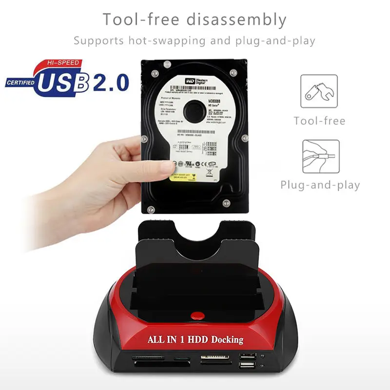 USB 2.0 から IDE SATA ハードディスク OTB クローンドックオールインワン HDD ドッキングステーションデュアルベイ 2​​.5 インチ 3.5 インチ ESATA カードリーダー付き