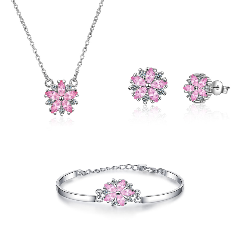 ファッション 925 スターリングシルバークリアピンクジルコン桜の花のネックレスイヤリングブレスレット 925 スタンプジュエリーセット女性のための