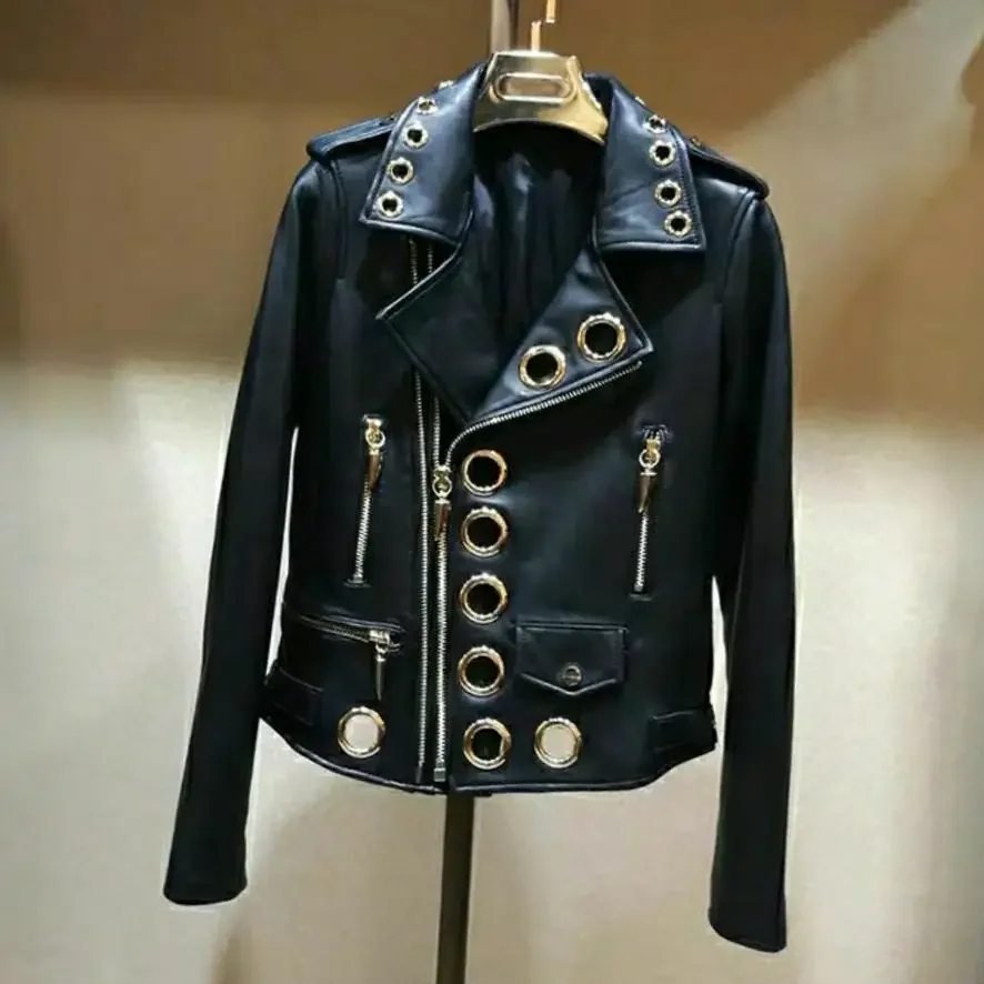 女性シックなフェイクレザーオートバイのジャケット秋 PU 機関車ボンバーコートジッパーカーディガン金属リング中空ストリートクロップトップス