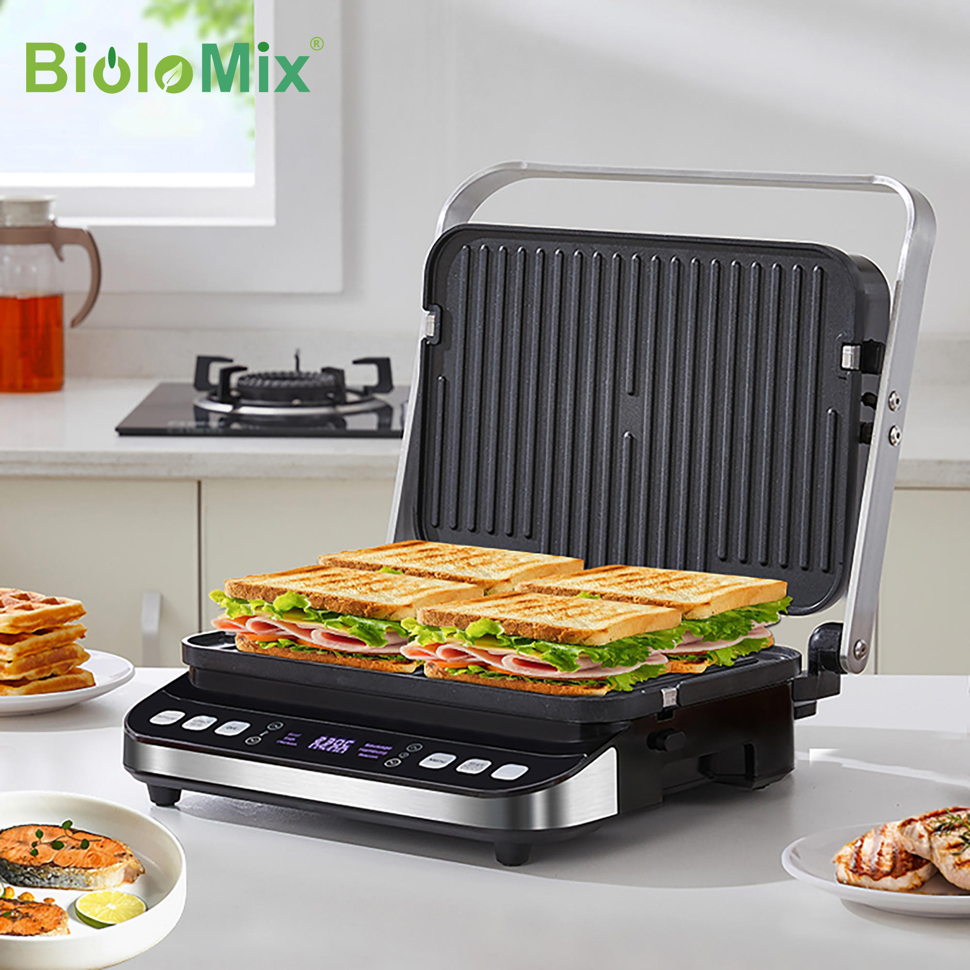 BioloMix 2000W 6-in-1 電気グリル、バーベキュー、デジタルグリドル、サンドイッチ、パニーニプレス用、オプションのワッフルメーカープレート