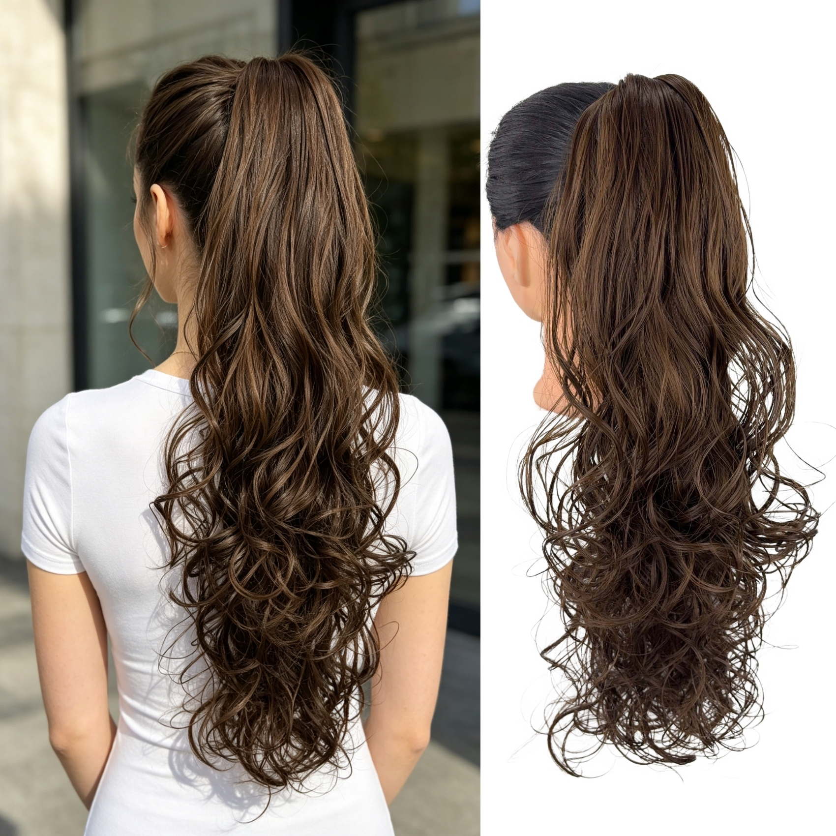 女性用ロングカーリークリップインポニーテールヘアピース、合成カーリーポニーテールクリップインヘアピース、日常使用に適しています。