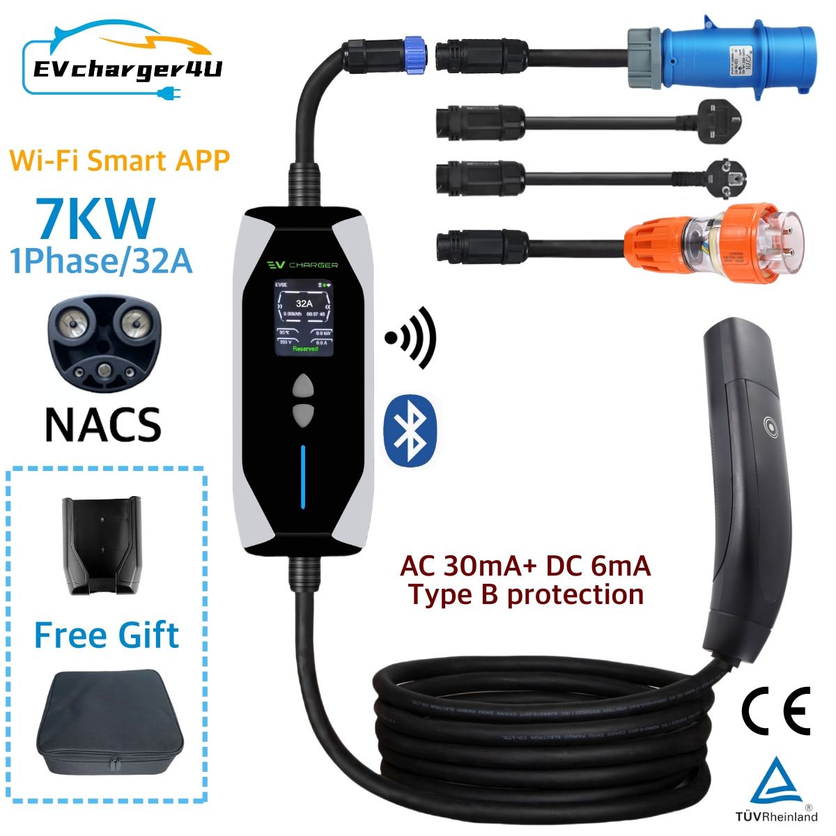 EVcharger4U テスラ 7KW ポータブル EV 充電器 NACS 1 相 32A 5 メートルケーブル RCD タイプ B 保護 Wi-Fi Bluetooth アプリ制御