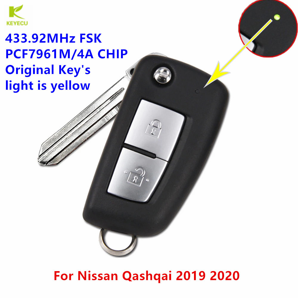 KEYECU 交換用フリップリモートキー黄色 Led 2 ボタン PCF7961M / 4A チップ 433.92MHz FSK 日産キャシュカイ 2019 2020