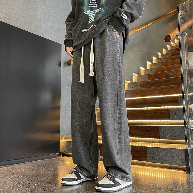 黒ヴィンテージメンズジーンズ春トレンドストレート弾性ウエストワイドレッグデニムパンツ男性日常ハイストリート快適なズボン