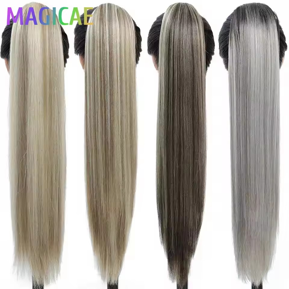 28 インチストレートポニーテールブロンド 27/613 ヘアエクステンションクリップ付きオンブルブラウン巾着色バイオ高温合成
