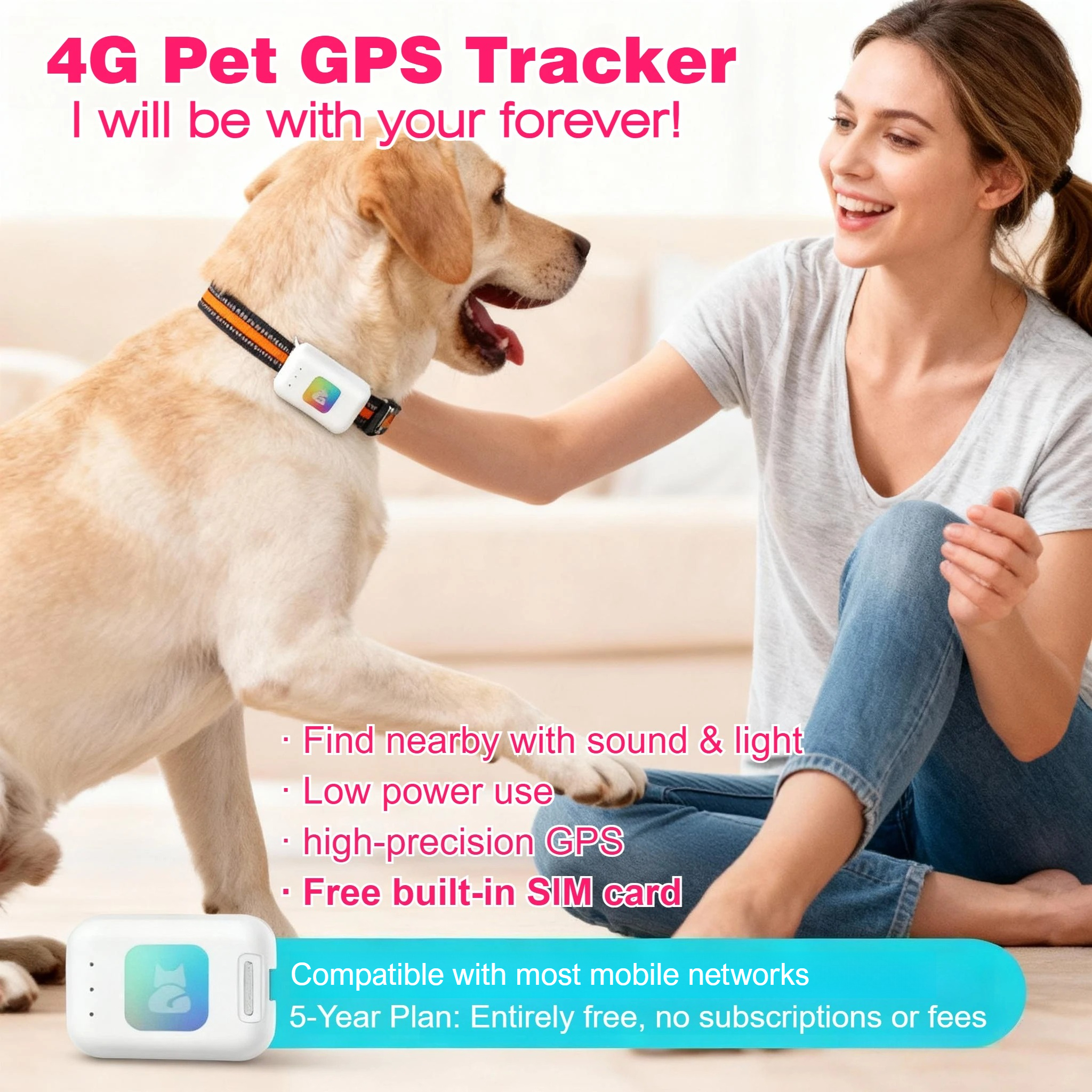 4G 犬用 GPS トラッカー ペット犬猫用スマート首輪 月額料金なし 購読料なし 隠れた料金なし 紛失防止アラーム