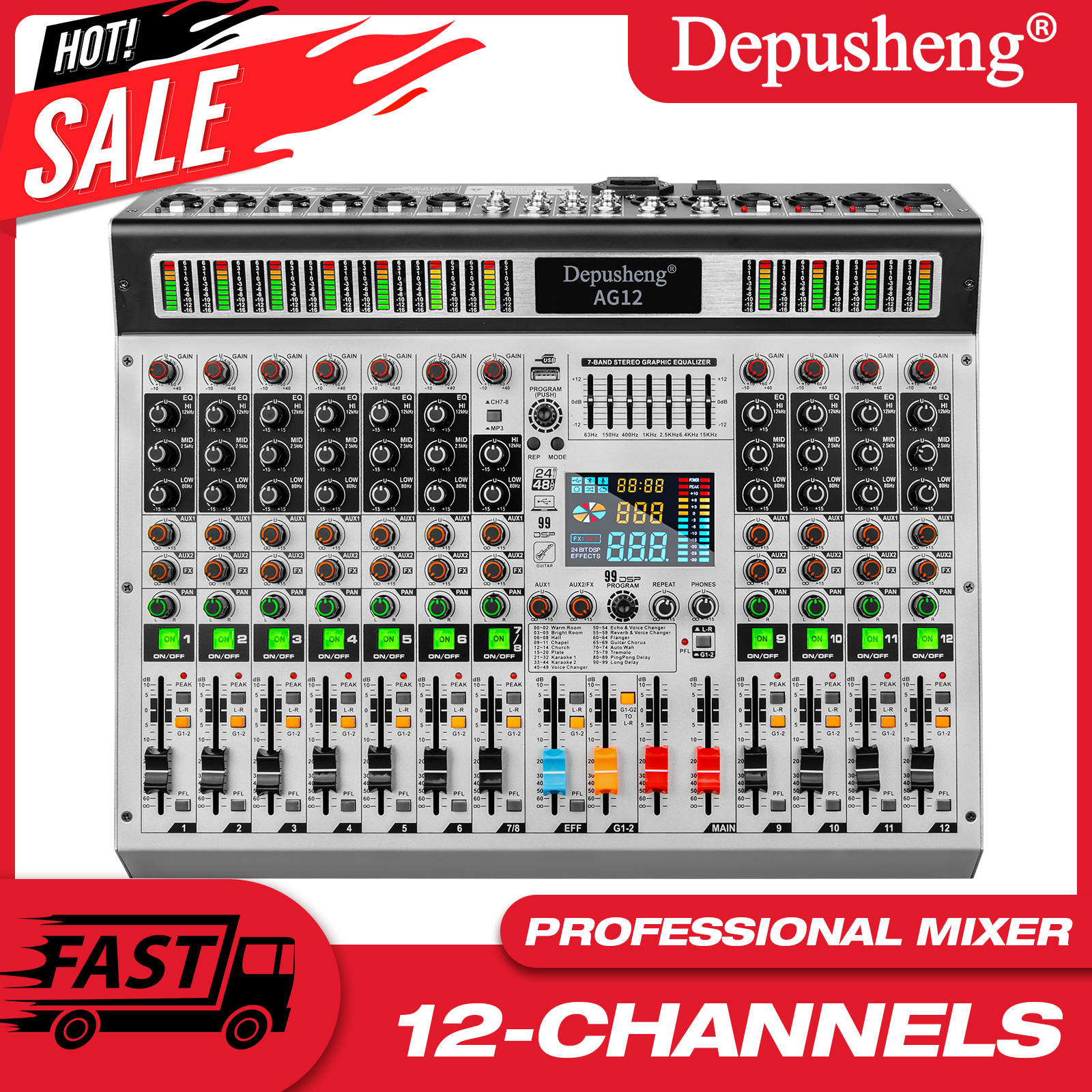 12 チャンネルデジタルミキサー Depusheng プロフェッショナルオーディオミキサー 99 DSP デジタルエフェクトオーディオコンソールミキサー DJ オーディオミキサー