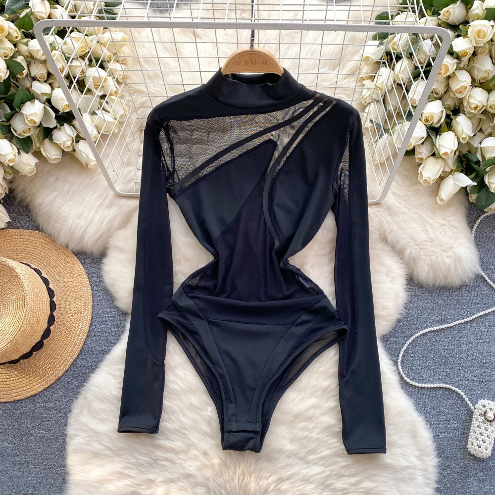 Hotsweet Stand Collar Elegant Long Sleeves Vintage Asymmetrical See Through Mesh Bodysuits Top Beach High Street Sexy Jumpsuit