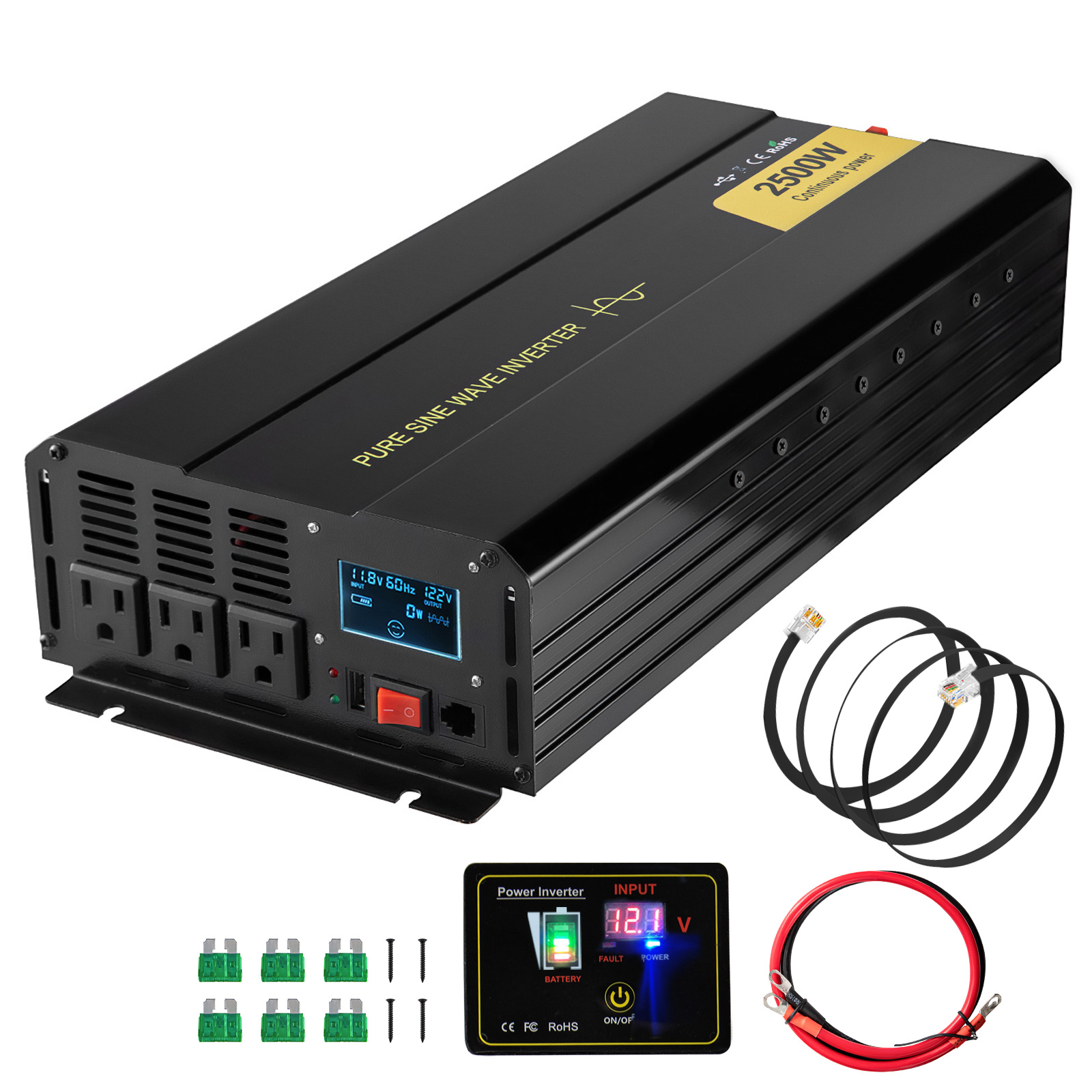 SucceBuy 純粋な正弦波パワーインバーター 2500W/3500W/5000W 12V DC ～ 120V AC アルミニウム合金 LCD スクリーン