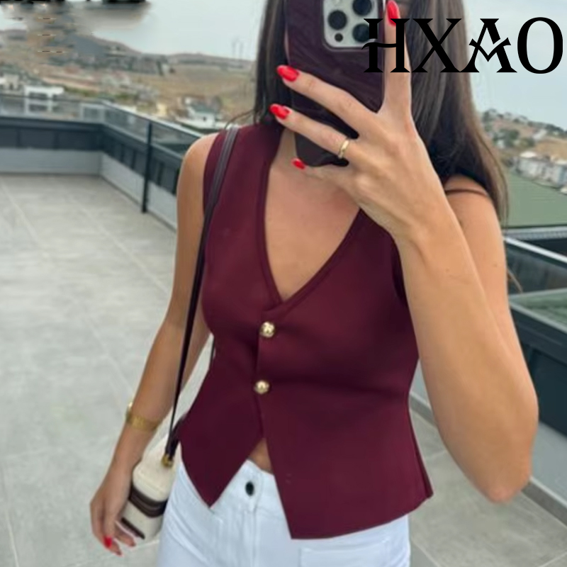 HXAO レディースベストノースリーブニットベスト女性アウター秋クロップドブラックブルーベスト女性エレガントなオフホワイトレッドセーターベスト