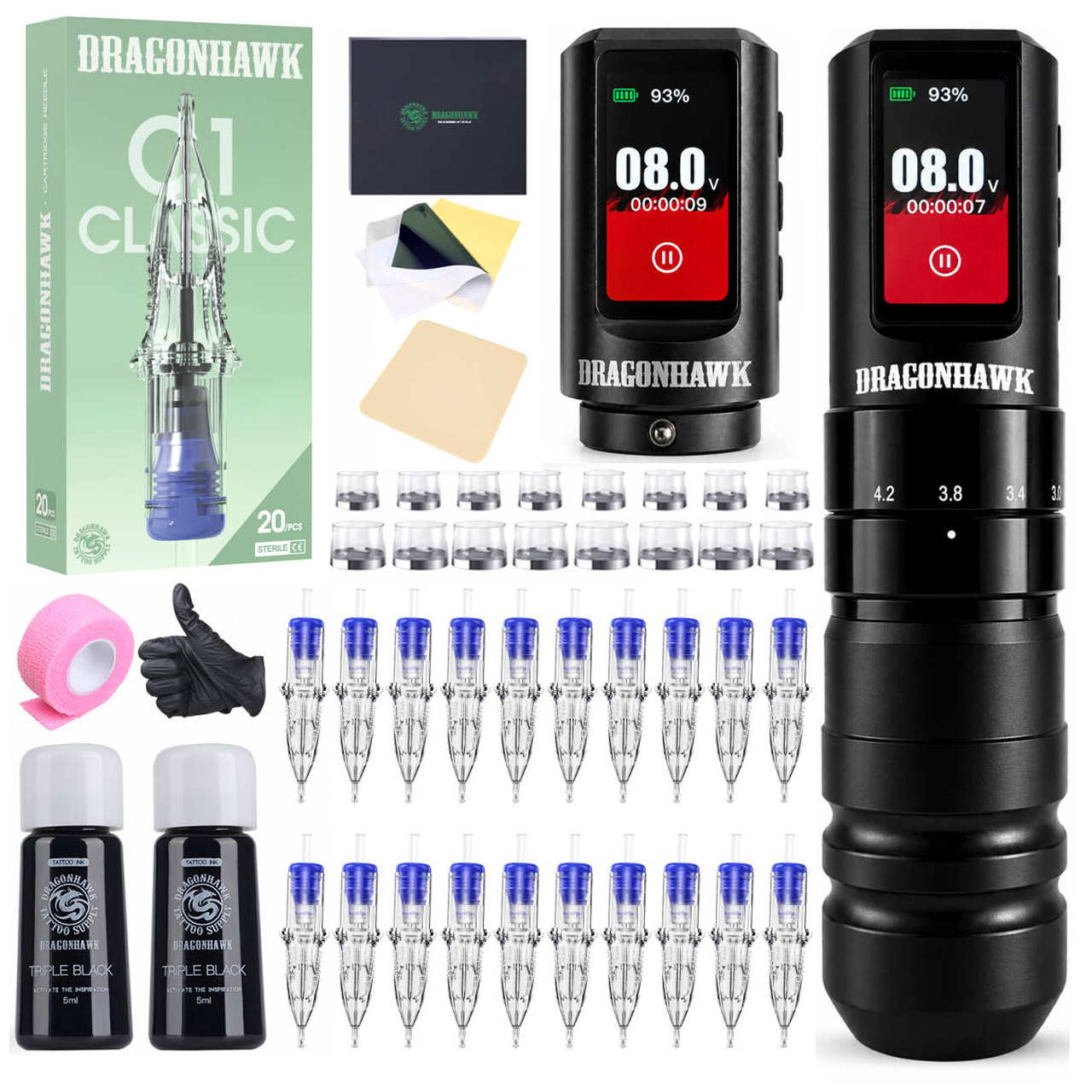 Dragonhawk コンプリートタトゥーキット A3 PRO ワイヤレスタトゥーマシン 調整可能 2.0-4.2mm ストローク 20 カートリッジ針付き 初心者向け