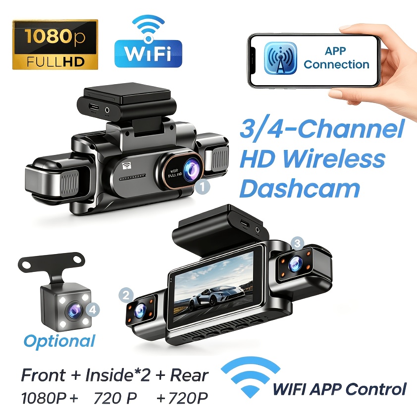 3-4チャンネルWiFiダッシュカム、1080PフルHD、APP WiFiコントロール、3.5インチスクリーン、HDナイトビジョン、24時間駐車監視