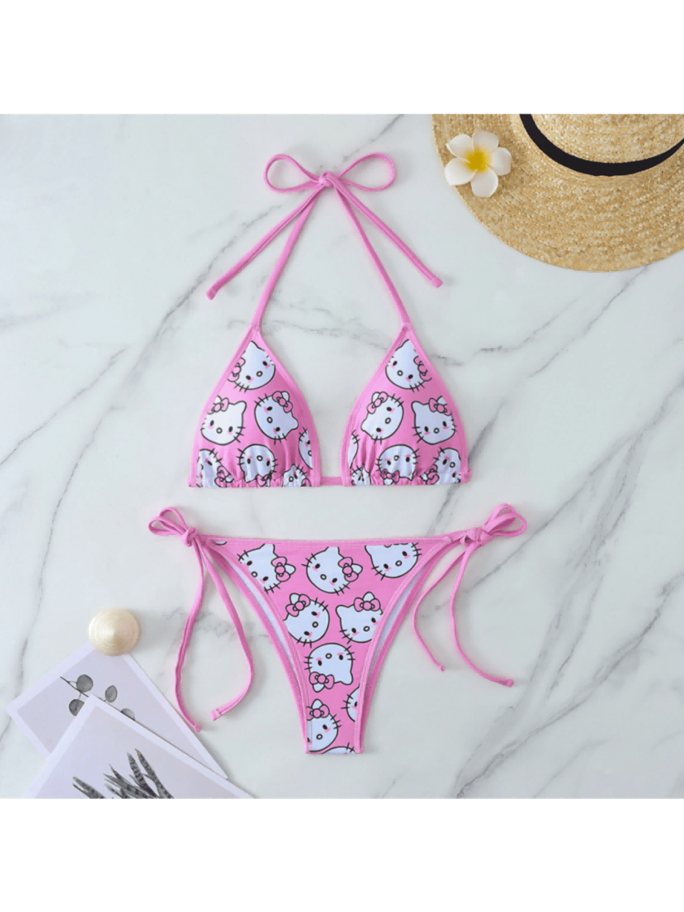 2 ピース/A セットかわいいハローキティプリント三角ビキニセットホルターネックサイド水着 2 ピース水着夏のビーチでの休暇
