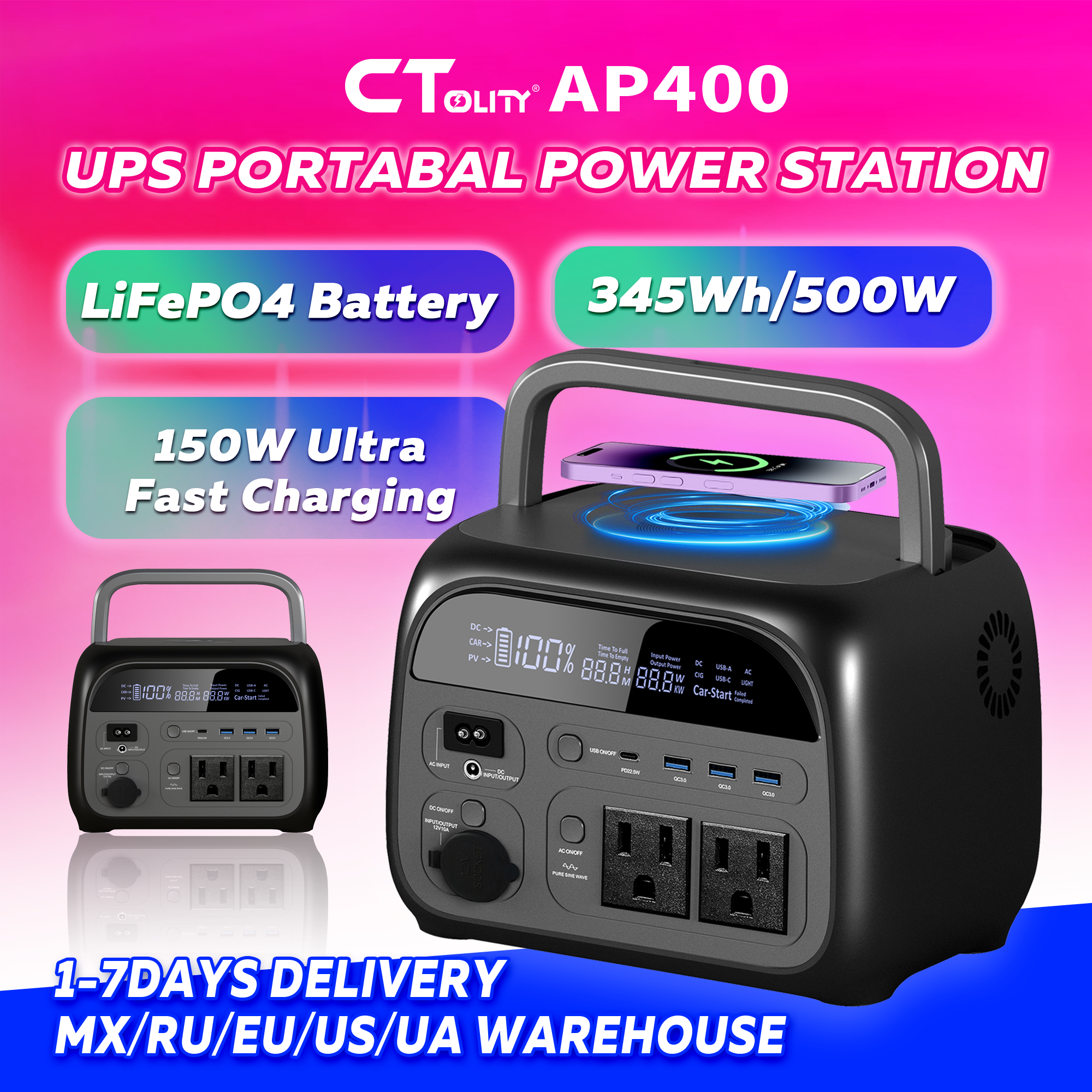 CTOLITY 工場 AP400 ポータブル発電所 500 ワット 345wh キャンプ太陽光発電機 108000mAh LiFePo4 バッテリーエネルギー貯蔵供給