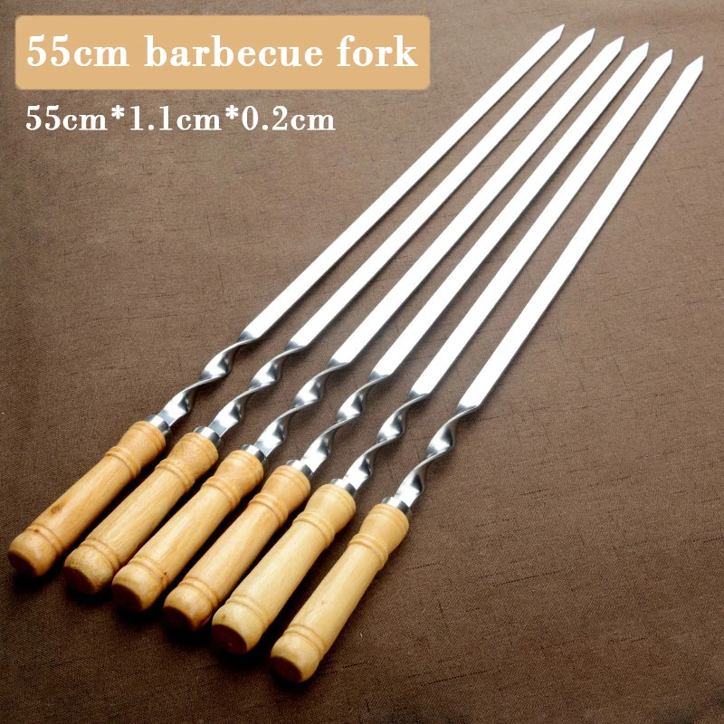 フラット串ロング木製ハンドルバーベキュー串 55 センチメートルシシカバブバーベキューグリルスティックステンレス鋼屋外グリル針バーベキューフォーク
