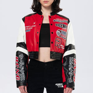 カスタム女性の冬のジャケットセクシーなアメリカンレトロプリント長袖ショートスポーツバイクジャケットスタンドカラーボタン綿