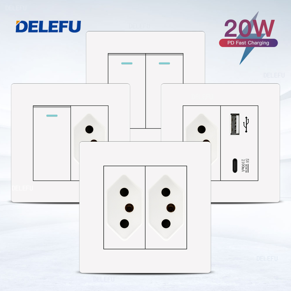 DELEFU86 タイプ PC ホワイト難燃性パネルブラジル標準壁ソケットスイッチ急速充電 20 ワット USB タイプ C ソケット 10A 20A