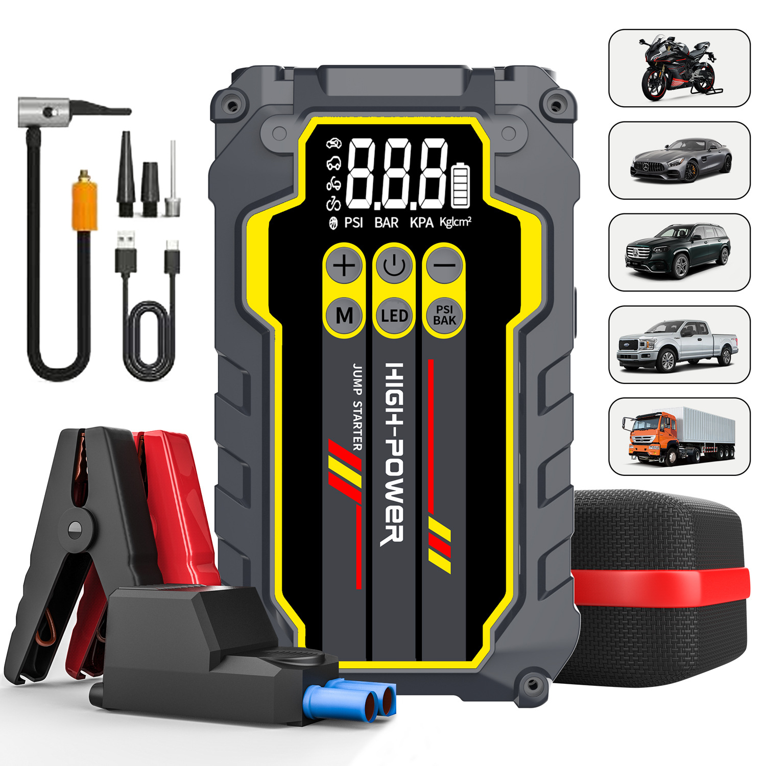 5-in-1 車のジャンプスターター エアポンプ付き 2000A ポータブルカーバッテリースターター 150PSI タイヤインフレーター 10000mAh パワーバンク