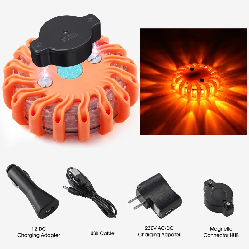 LED Road Flares Flashing Emergency Warning Light Rechargeable Waterproof Roadside Safety Disc Magnetic Base Flashing Flare Kit