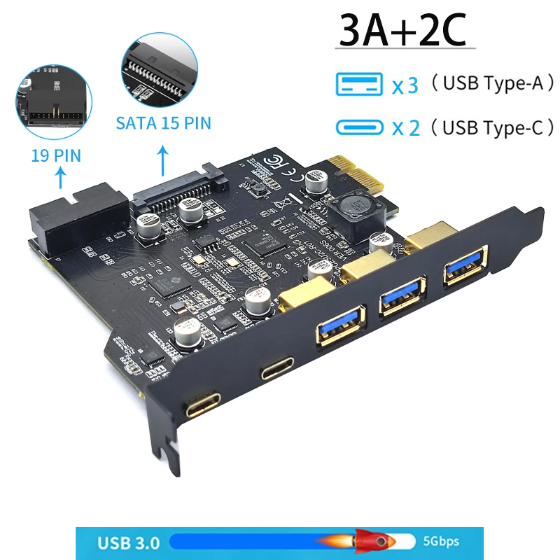 PCI-E 1X から 5 ポート USB カード 2 Type-C 3 ポート USB3.0 拡張アダプタボード PCI コントローラ アドオン カード (PCIE 1/4/8/16X カード付き)