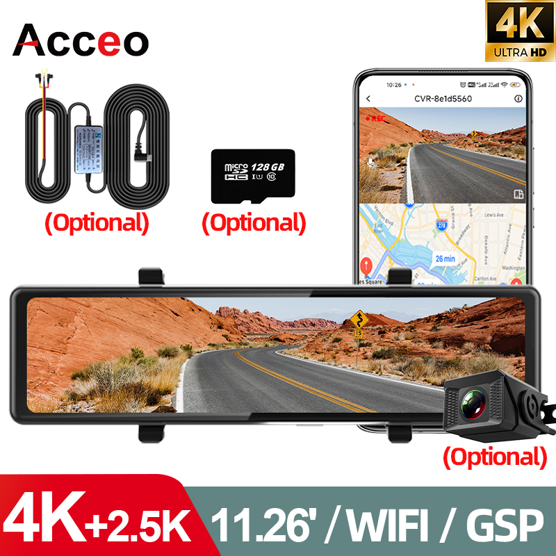 Acceo 4K ダッシュカム 11.26 インチタッチスクリーン内蔵 WiFi ADAS デュアルチャンネル録画 2.5K リアカメラ車ブラックボックスレコーダー