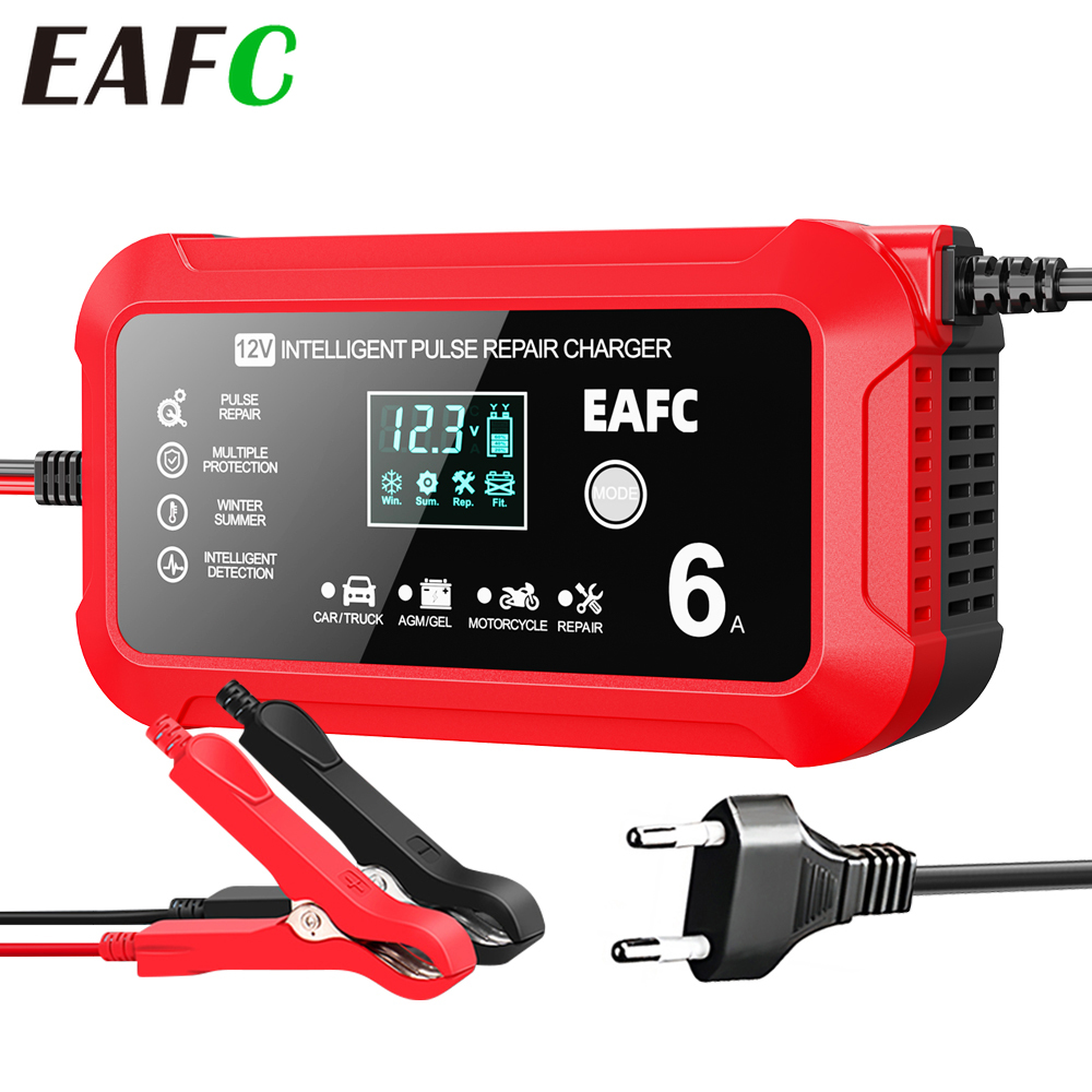EAFC 12V 6A 大画面スマートバッテリー充電器メンテナーパルス修理脱硫装置車トラック SUV オートバイ AGM ゲルバッテリー