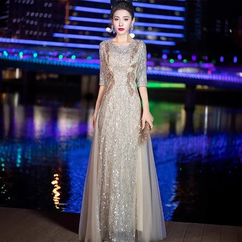 Evening Gown High-end Banquet Niche Light Luxury Host Steel Companion Conductor Choir Performance Costume Women's Long Dress WLF