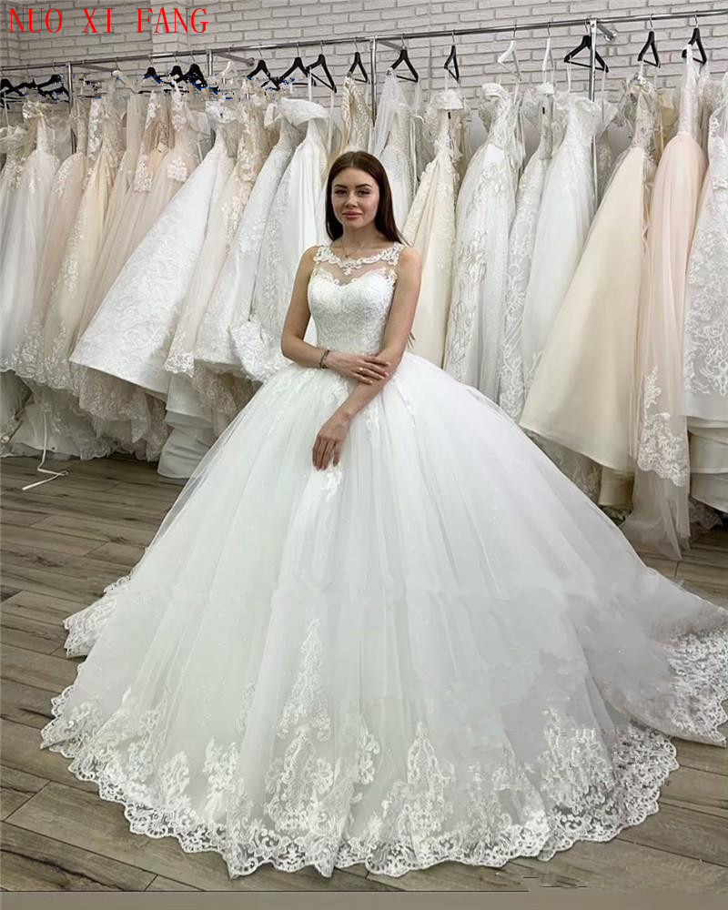 カスタマイズされたプリンセス Vestido デ ノビア レース アップリケのウェディングドレス ヴィンテージ プラス サイズ スパンコール ホワイト ふわふわ チュール ブライダル ボール ガウン