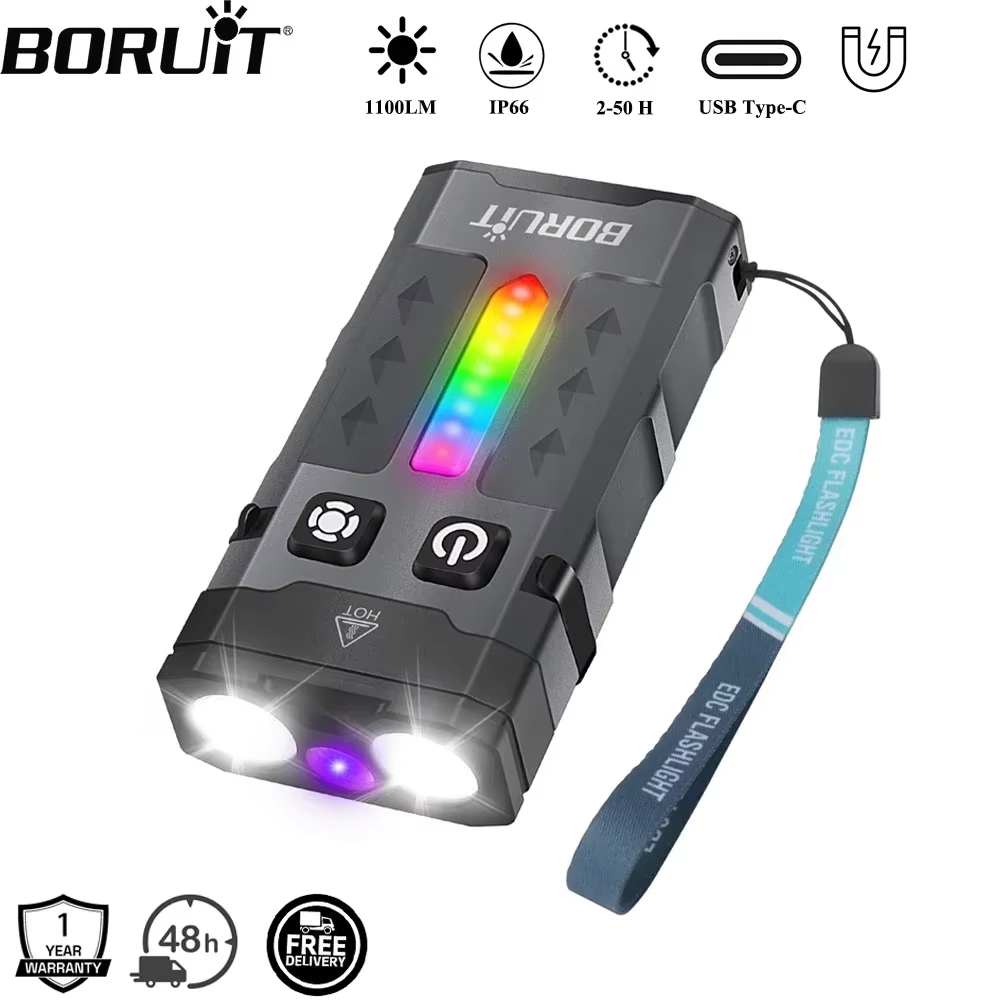 BORUiT EV20 1100LM EDC UV キーホルダー LED 懐中電灯 Type-C 充電式ワークライトトーチ マグネット付き キャンプポケットランタン