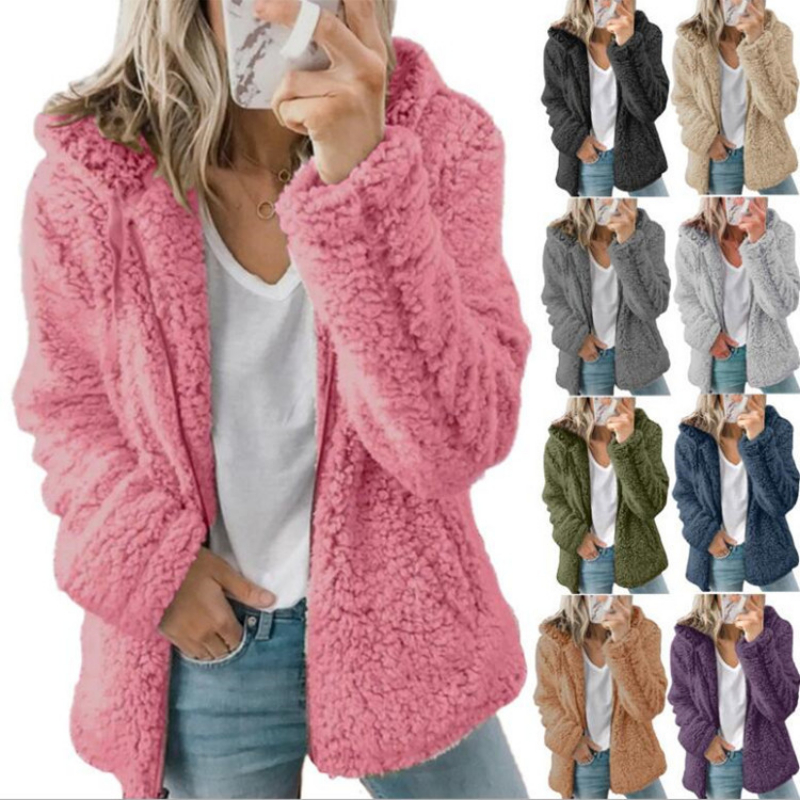 新しいジッパーフード付き厚み暖かいコート女性固体フリースジャケット長袖ルーズコート女性の冬の女性の新しいファッションジャケット