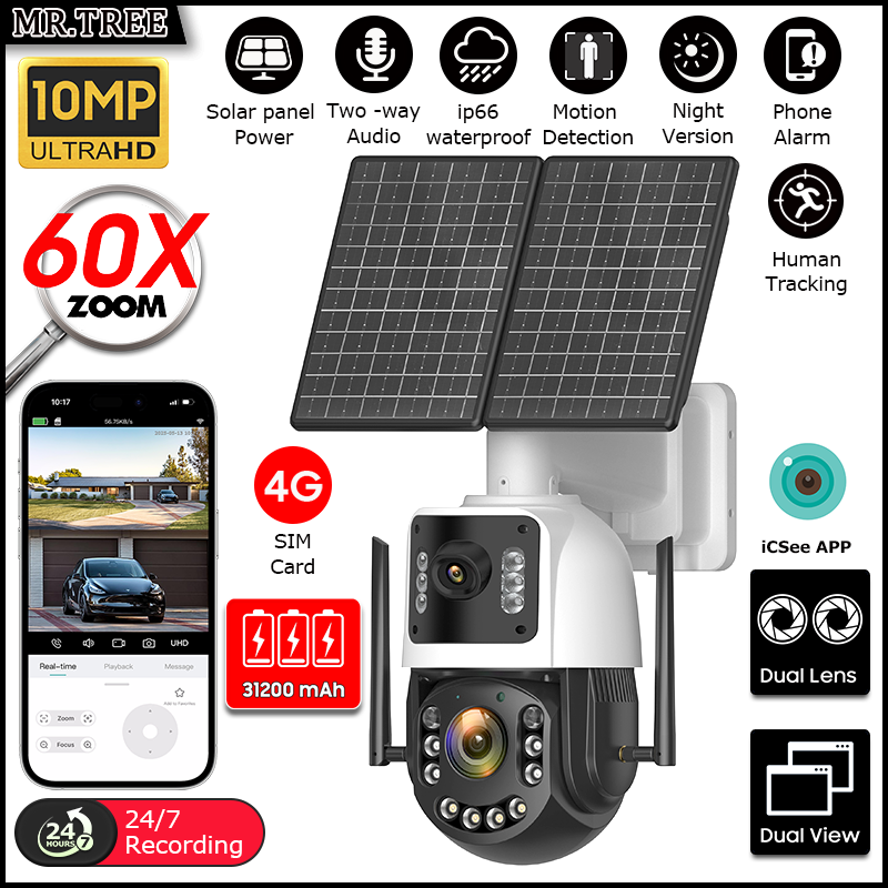 メタル AOV ソーラーセキュリティカメラ 4K 4G SIM 60X 光学ズーム 人間追跡 31200 Mah 24 時間記録 家庭用屋外監視